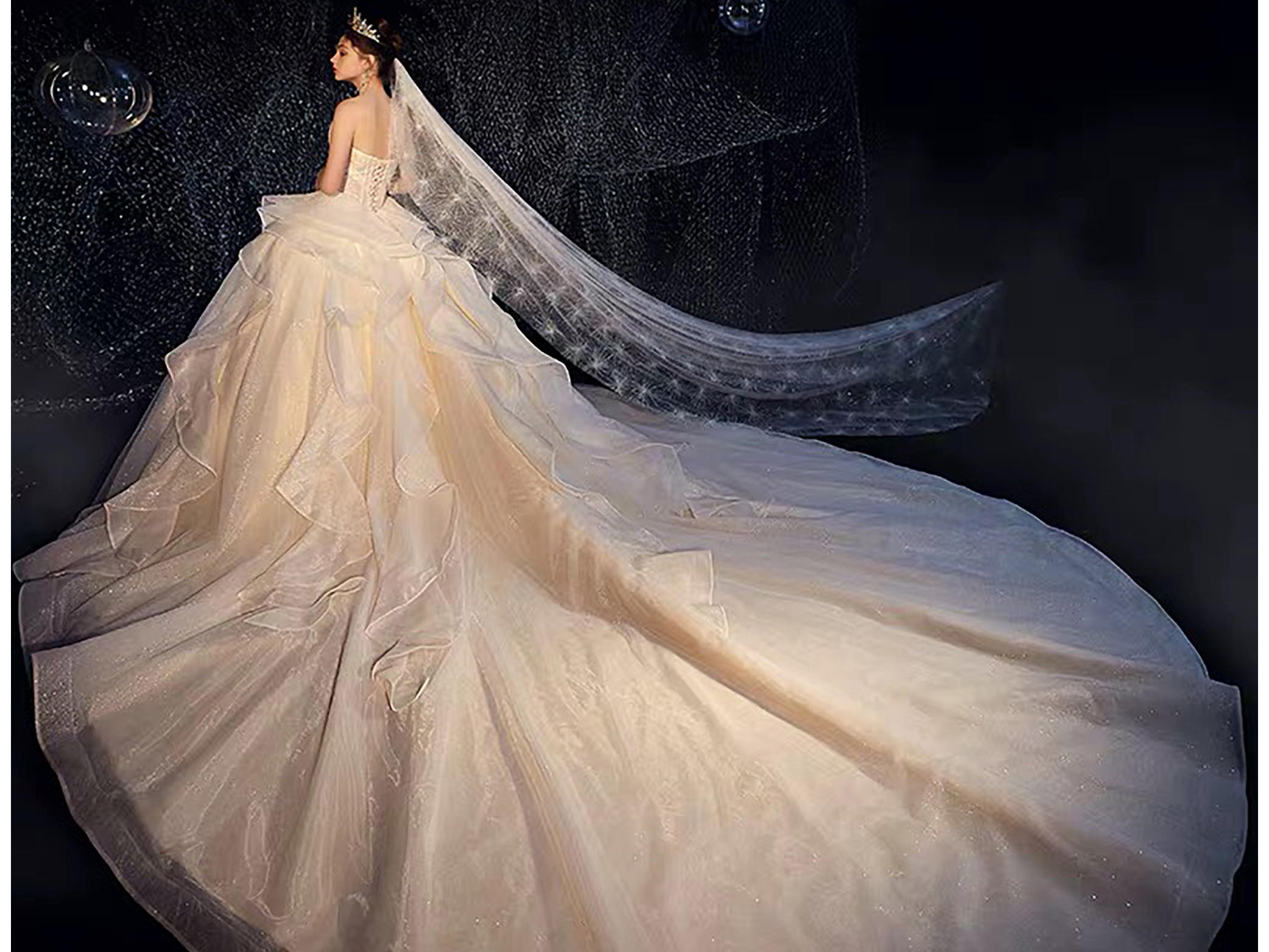 【花解语嫁衣】抹胸法式宫廷奢华星空拖尾主仪式纱