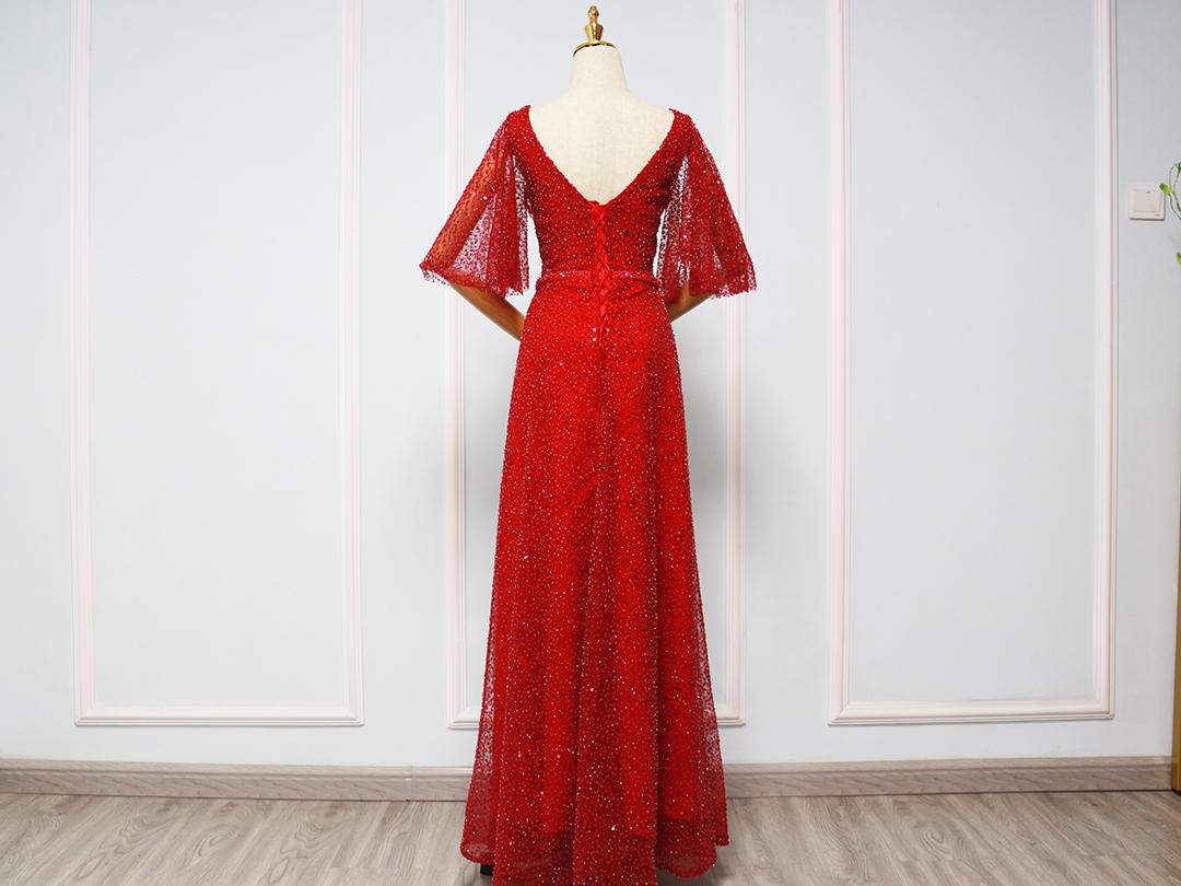 【礼服出售】琦瑞诗红色重工钉珠深V礼服