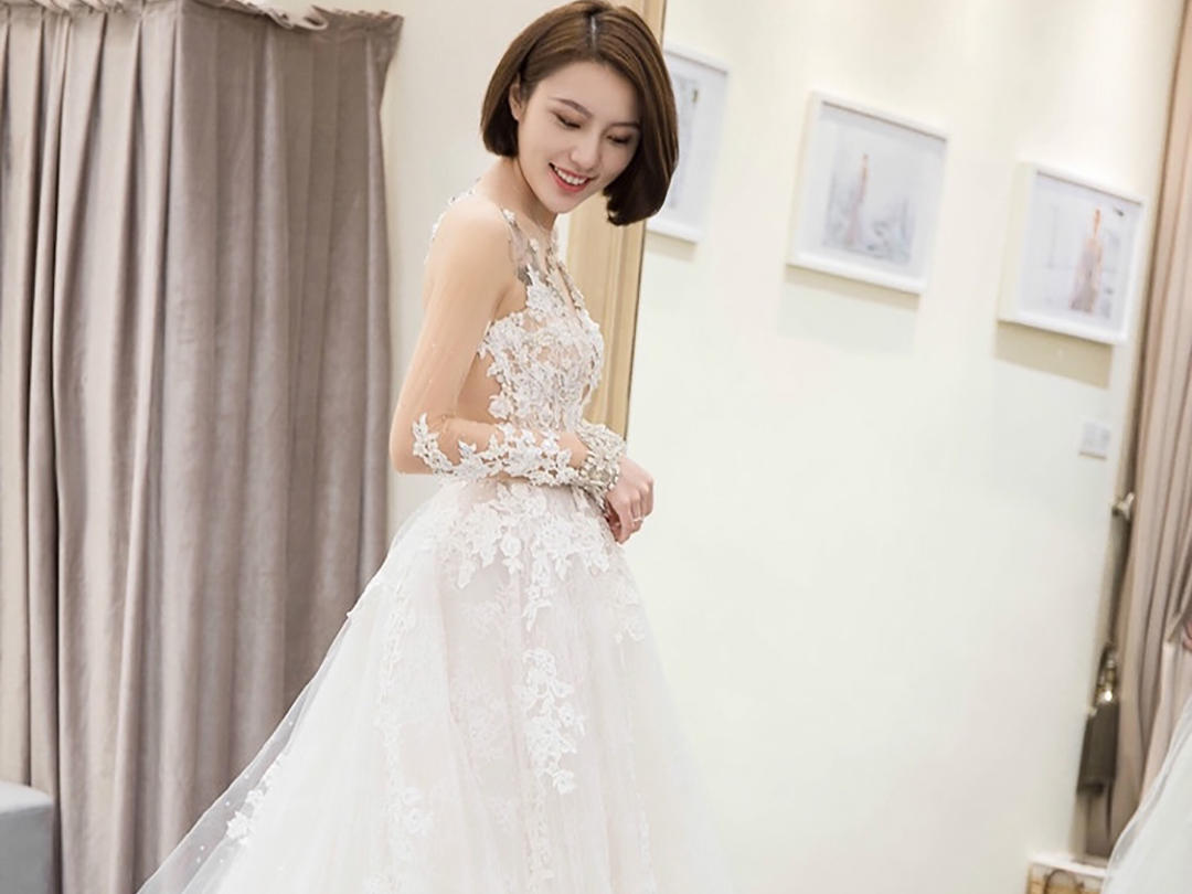 长沙天鹅婚纱礼服 深V透明纱长袖 性感大露背婚纱