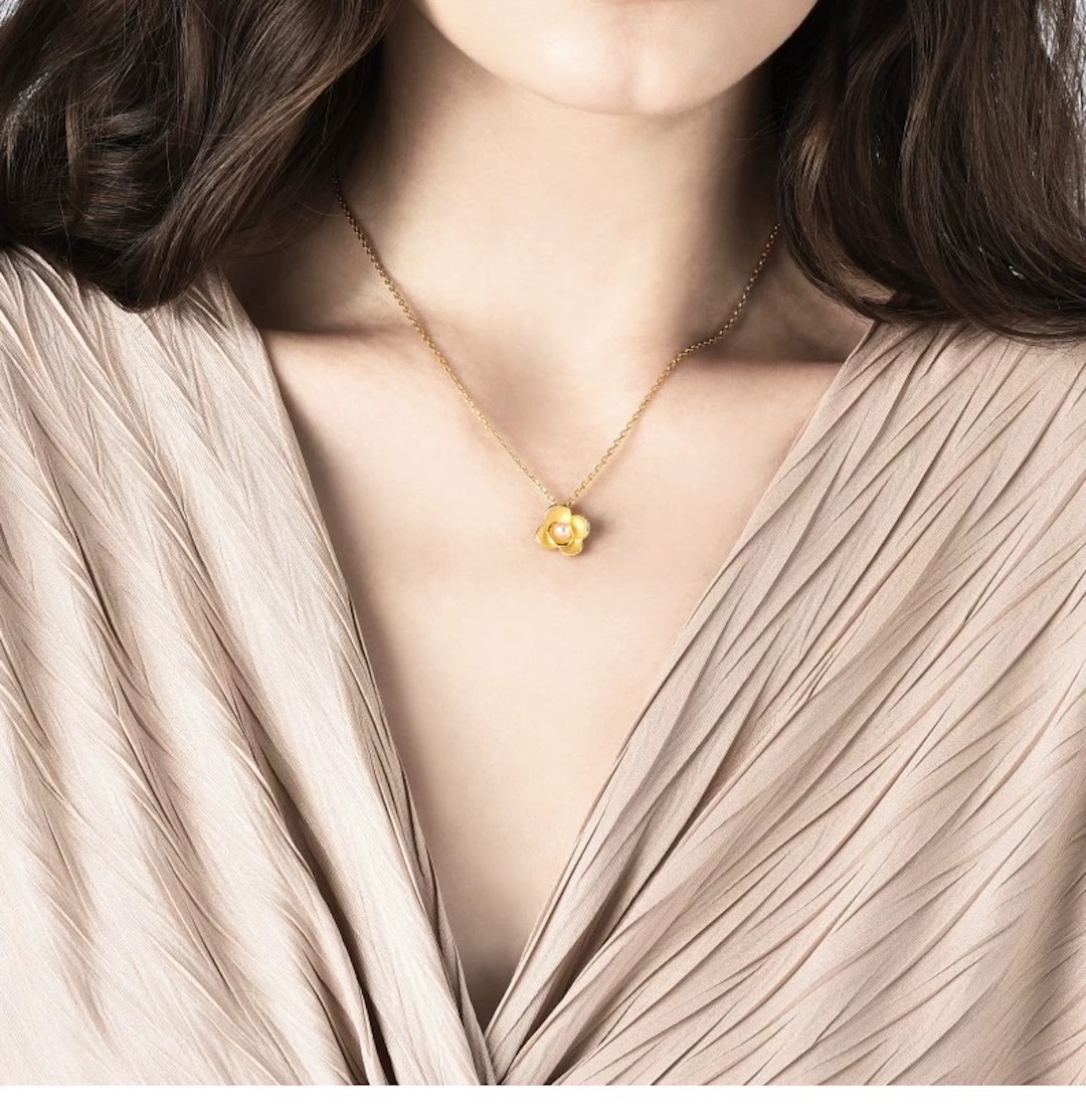 生生有囍山茶花珍珠黄金吊坠足金挂坠女89964P