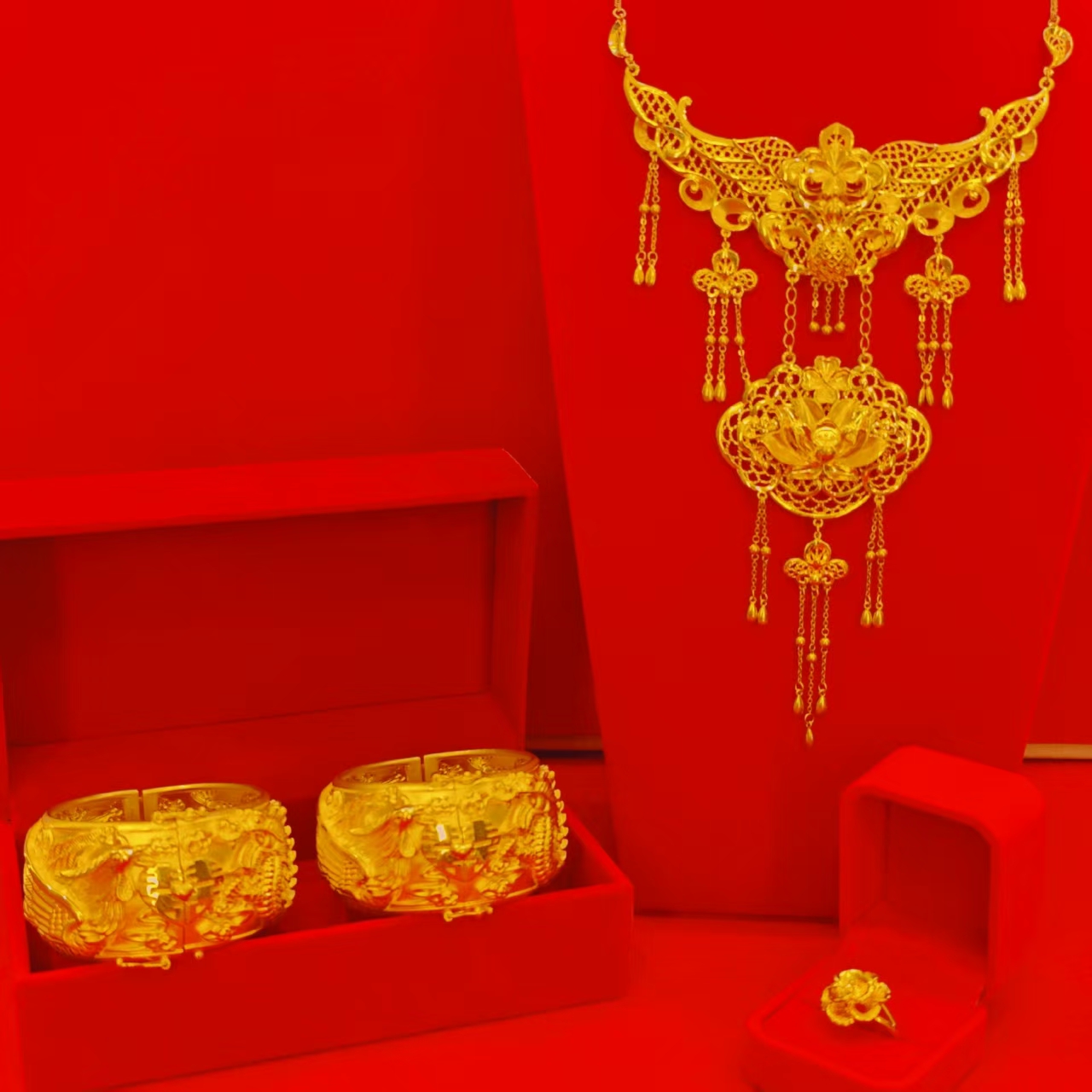 婚嫁首饰套装 硬金项链+手镯