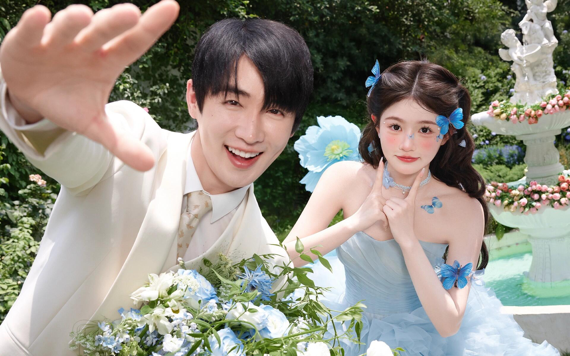 💙夏日花园的少女感婚纱照，像掉进蓝色海洋