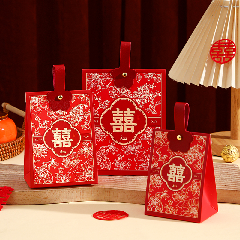 【50個(gè)】紅色燙金雙喜喜糖盒