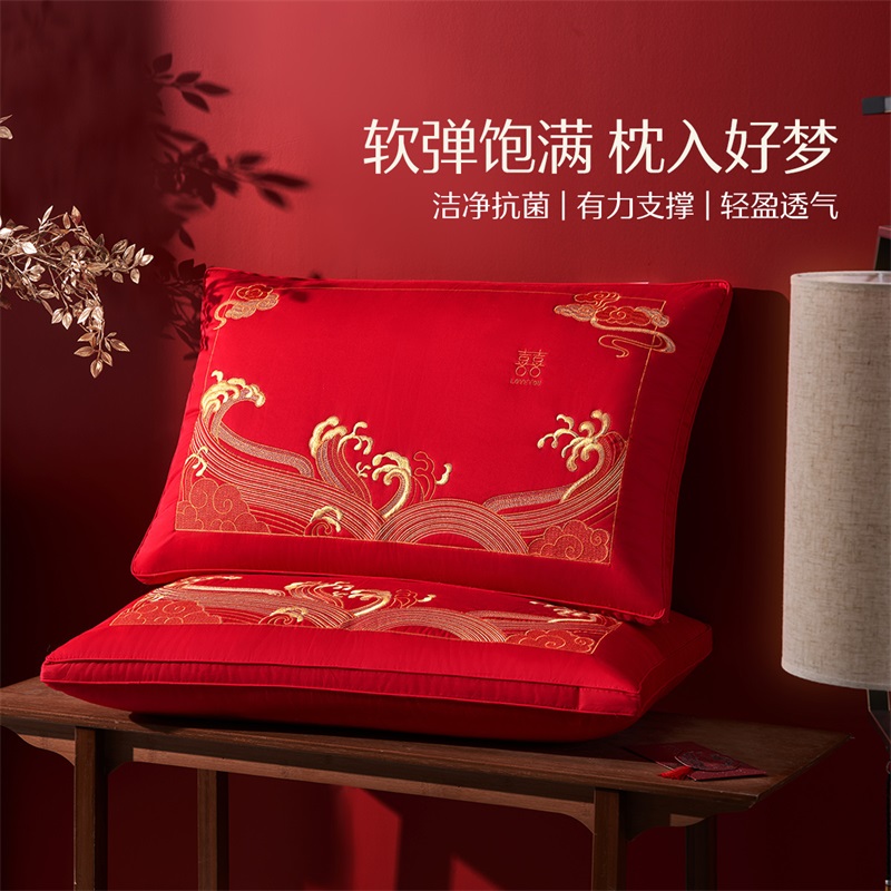【水星家紡】40S全棉柞蠶絲復(fù)合囍·金玉良緣抗菌蠶絲纖柔對枕