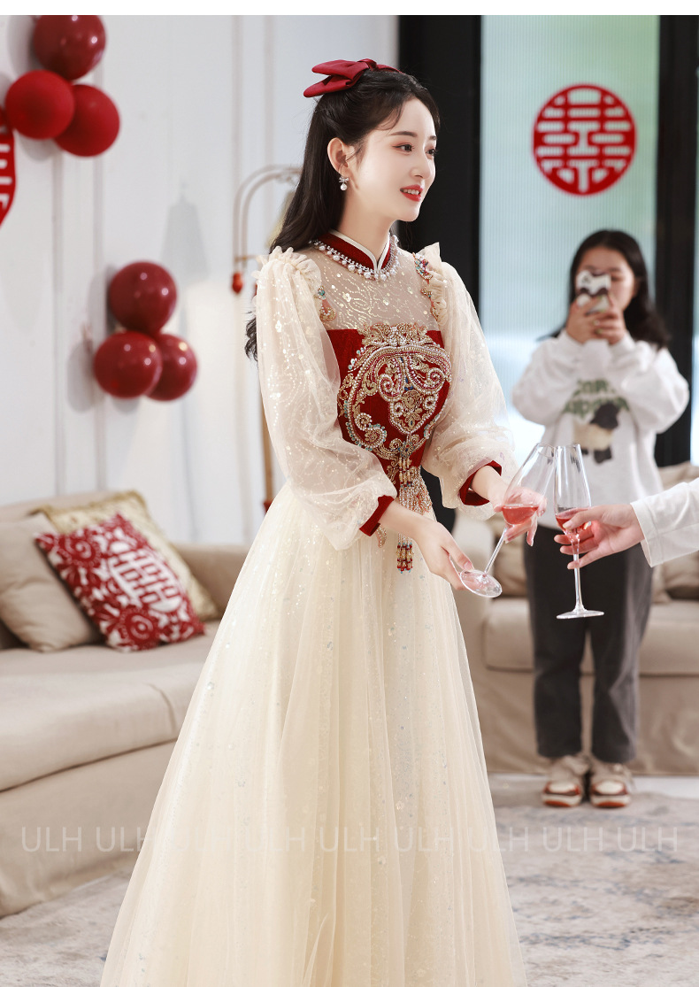長袖敬酒服2024春季新款新娘訂婚禮服酒紅色中式立領刺繡時尚禮服