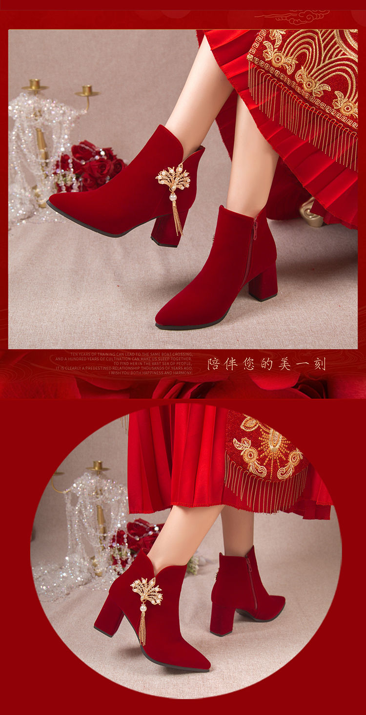 冬季加绒红色短靴婚鞋