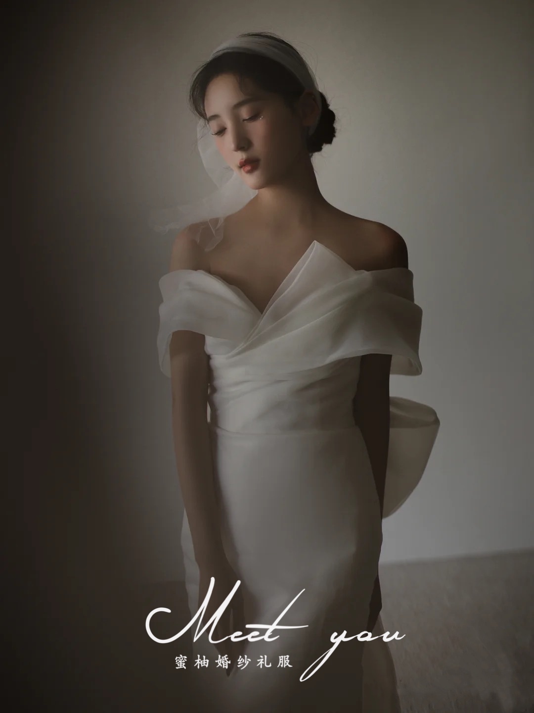 【外景纱】一字肩鱼尾显瘦大蝴蝶结