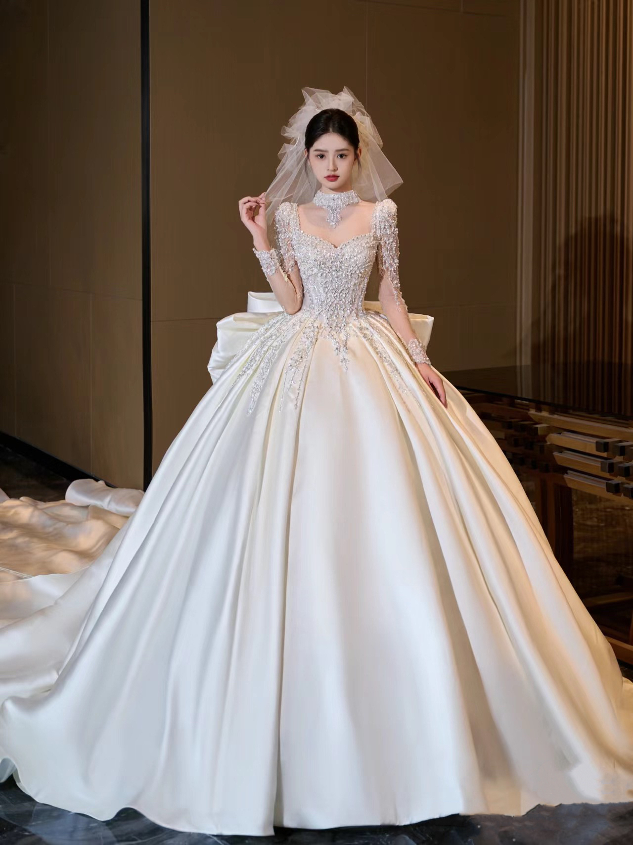 【初见】长袖重工款长拖尾主纱