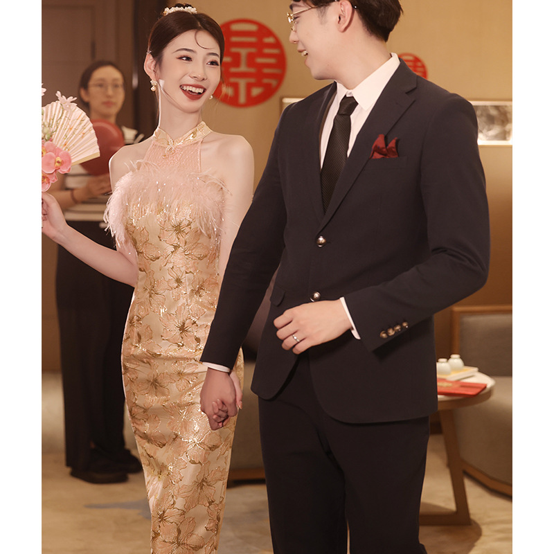 新中式敬酒服新娘高级感旗袍订婚礼服连衣裙粉色晨袍2024新款轻奢