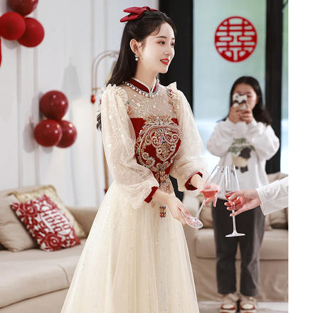 长袖敬酒服2024春季新款新娘订婚礼服酒红色中式立领刺绣时尚礼服