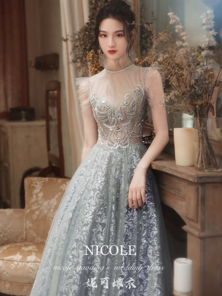 【妮可嫁衣】雾霾蓝手工水晶敬酒服