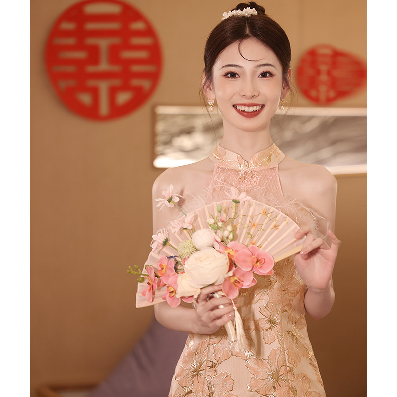 新中式敬酒服新娘高級感旗袍訂婚禮服連衣裙粉色晨袍2024新款輕奢