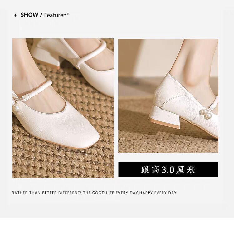 【复古玛丽珍】方头粗跟法式复古白色杏色软皮玛丽珍
