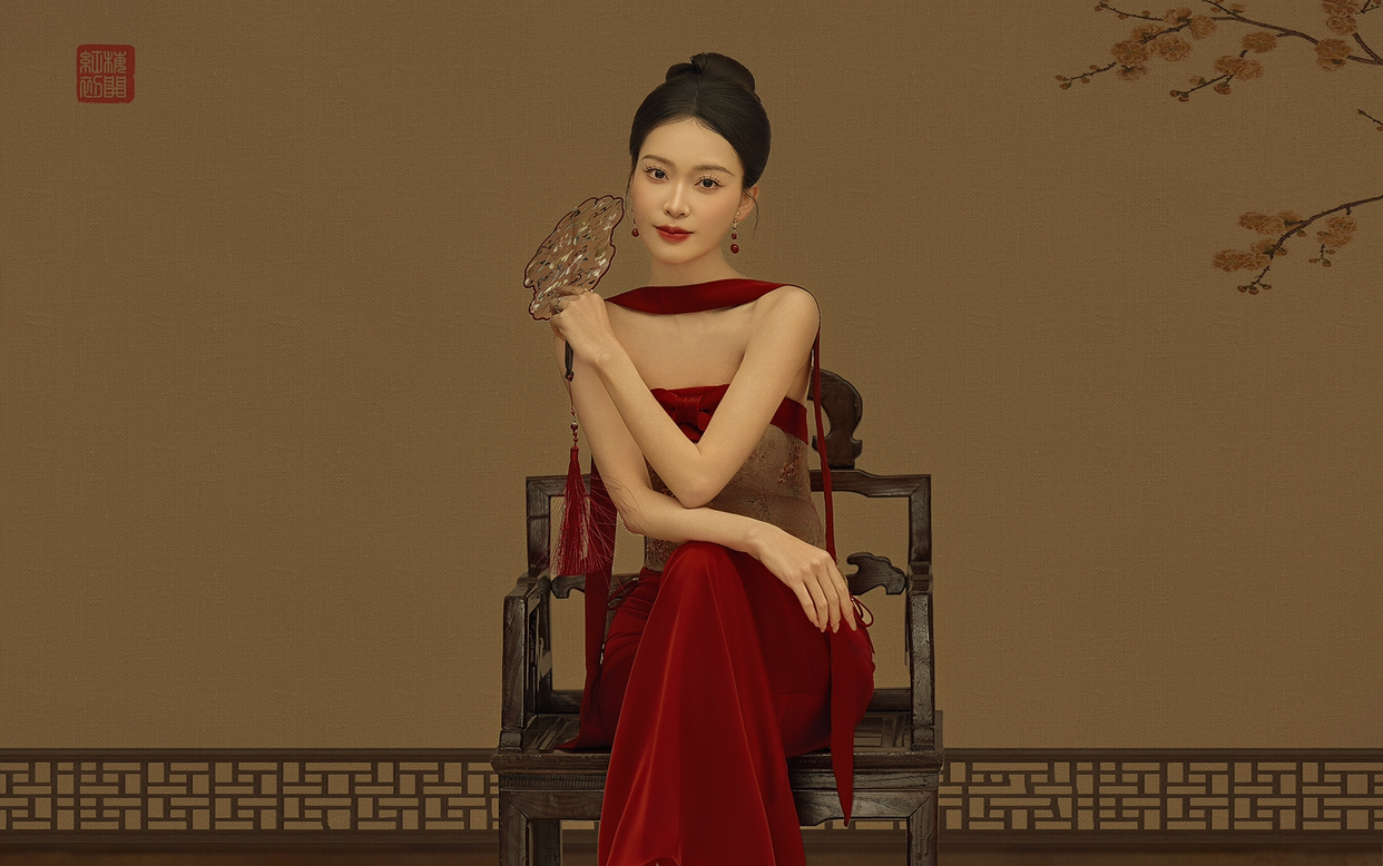 中式古韵工笔画婚纱照