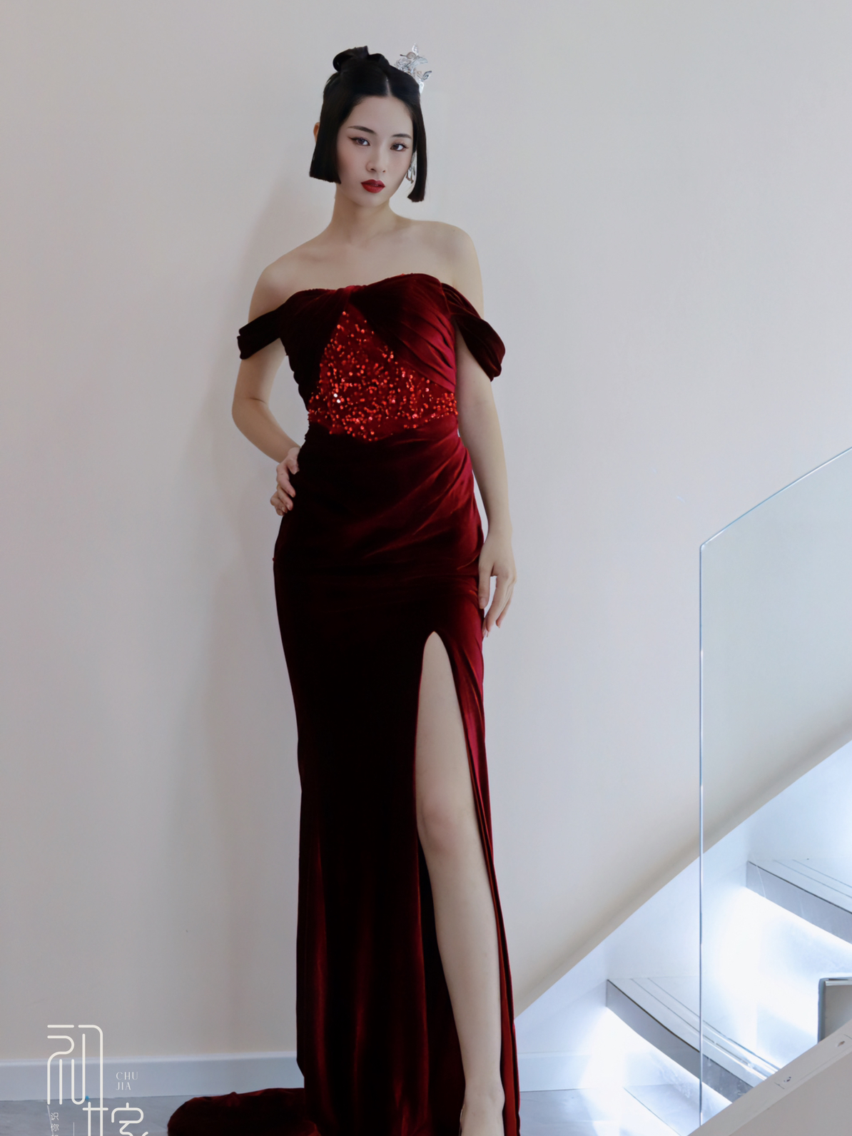 丝绒鱼尾敬酒服