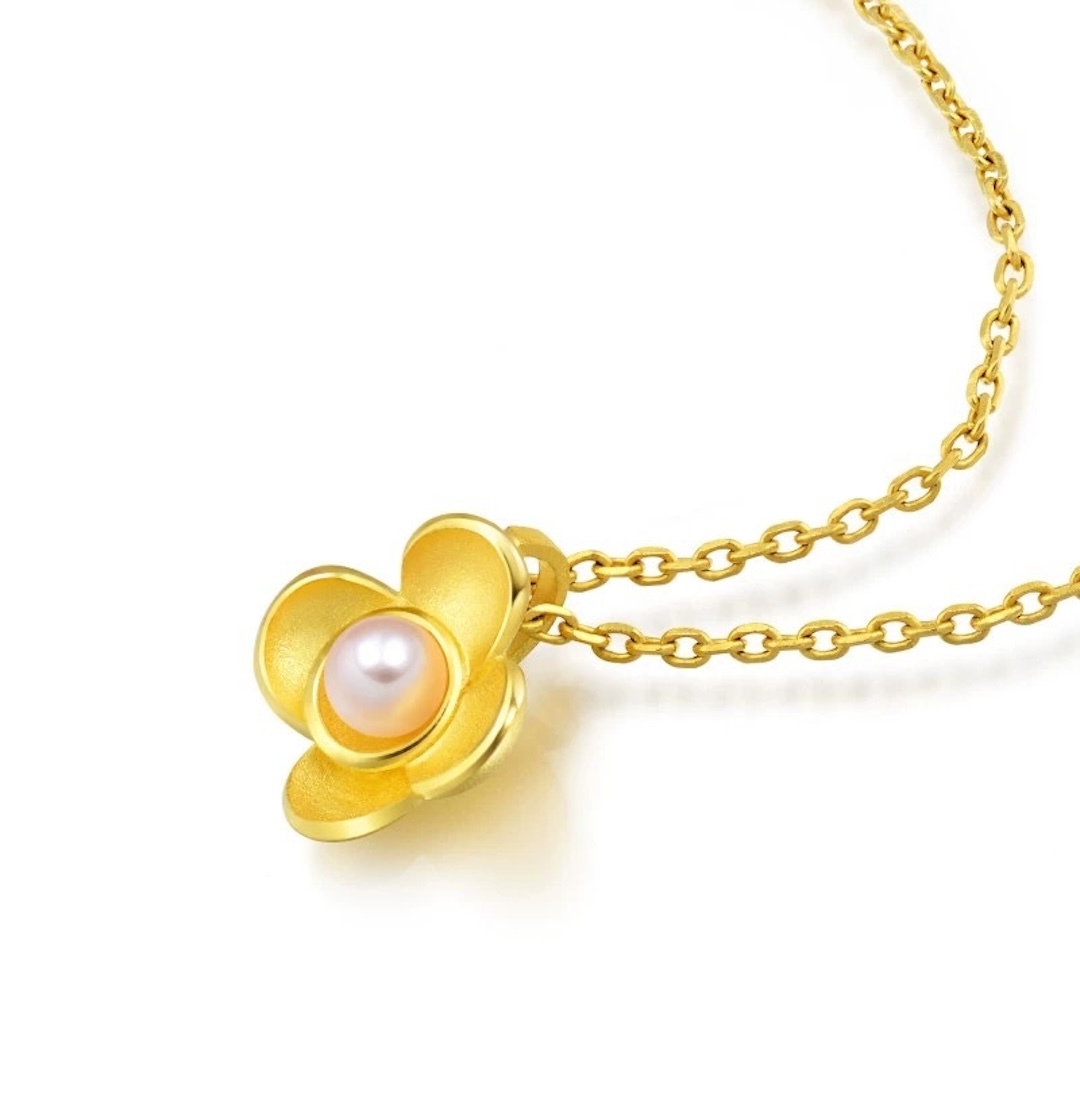 生生有囍山茶花珍珠黄金吊坠足金挂坠女89964P