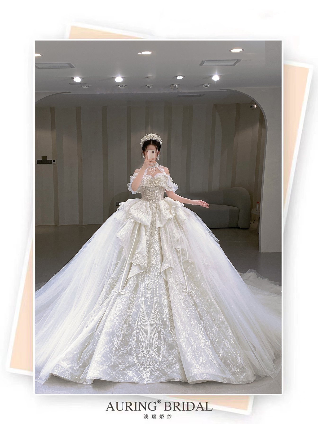 梦幻蝶姬  一字肩挂脖公主风婚纱