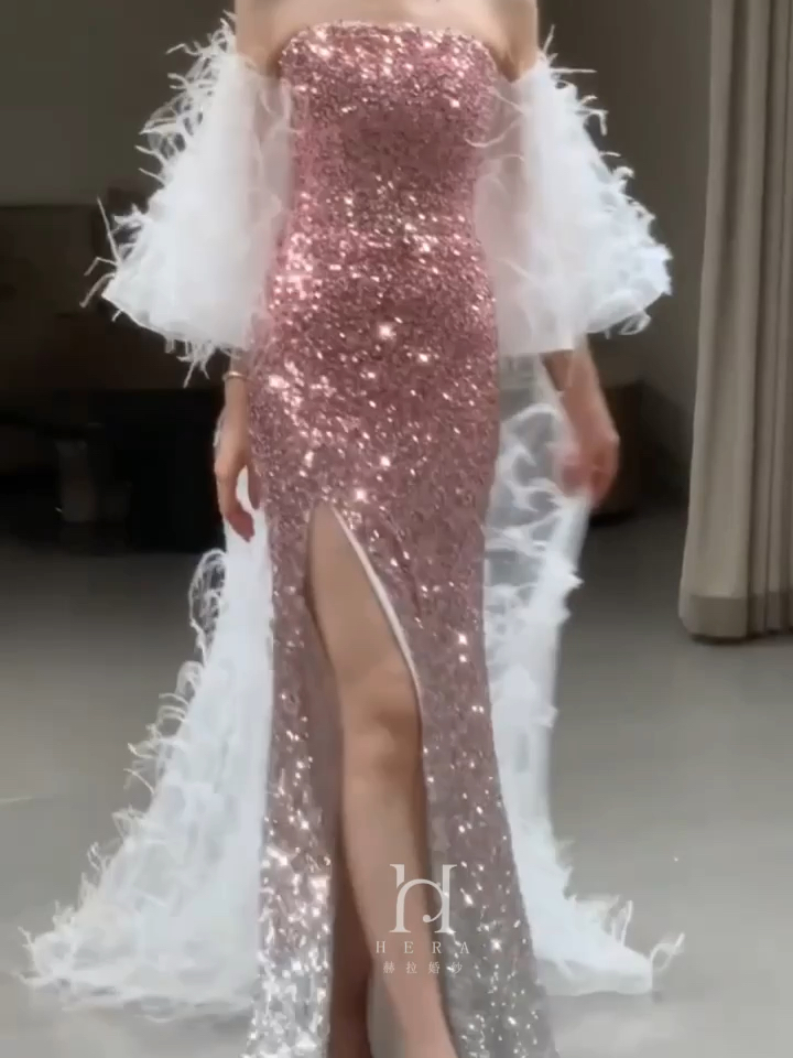 婚礼上美翻全场的粉色羽毛礼服