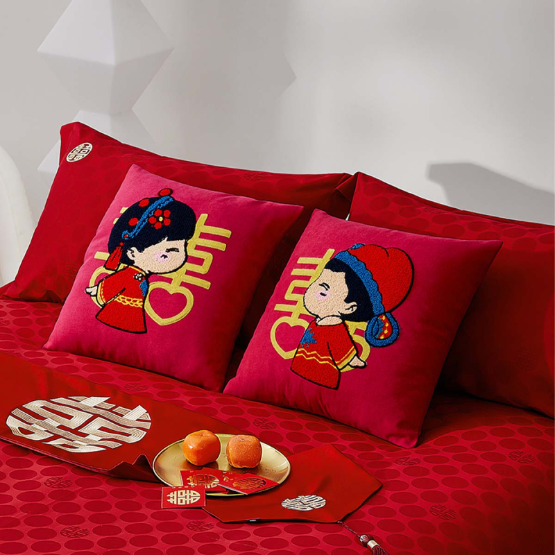 【水星家紡】婚品喜喜紅刺繡靠墊抱枕組合四款可選
