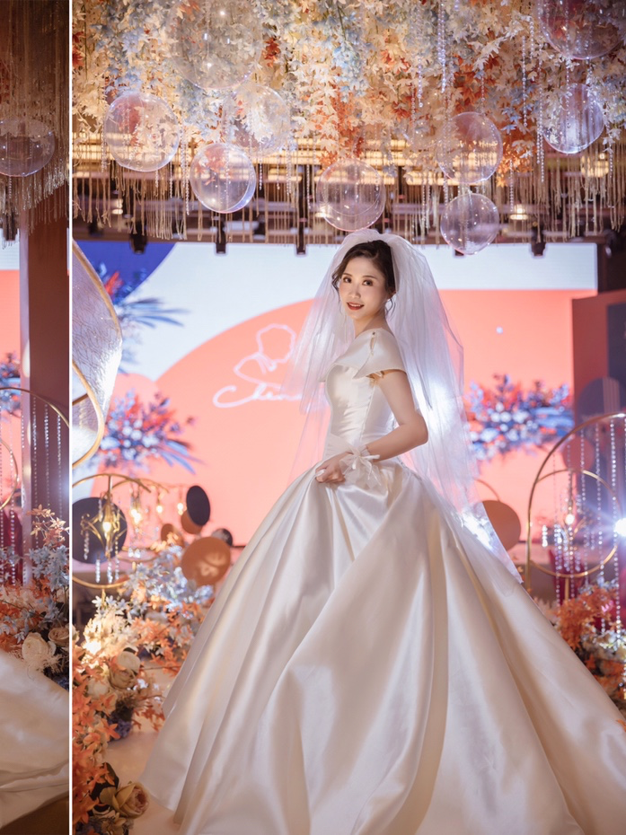 纯缎面超低腰一字肩搭斜肩婚纱