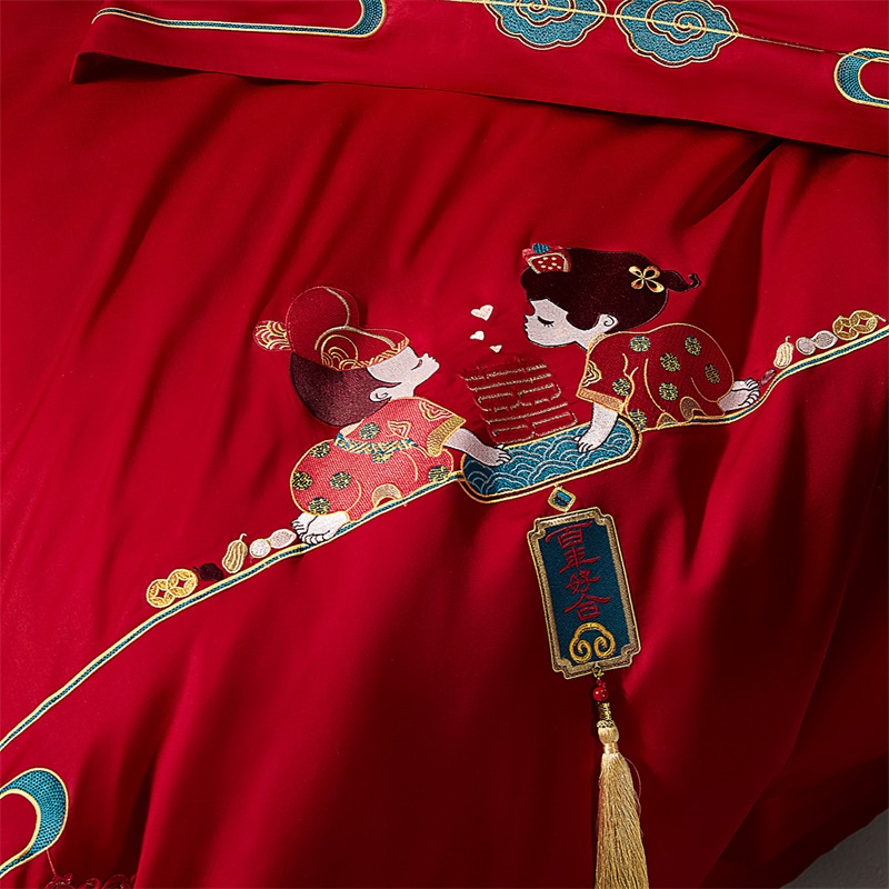 【水星家紡】囍溢眉梢60S長(zhǎng)絨棉婚床套件