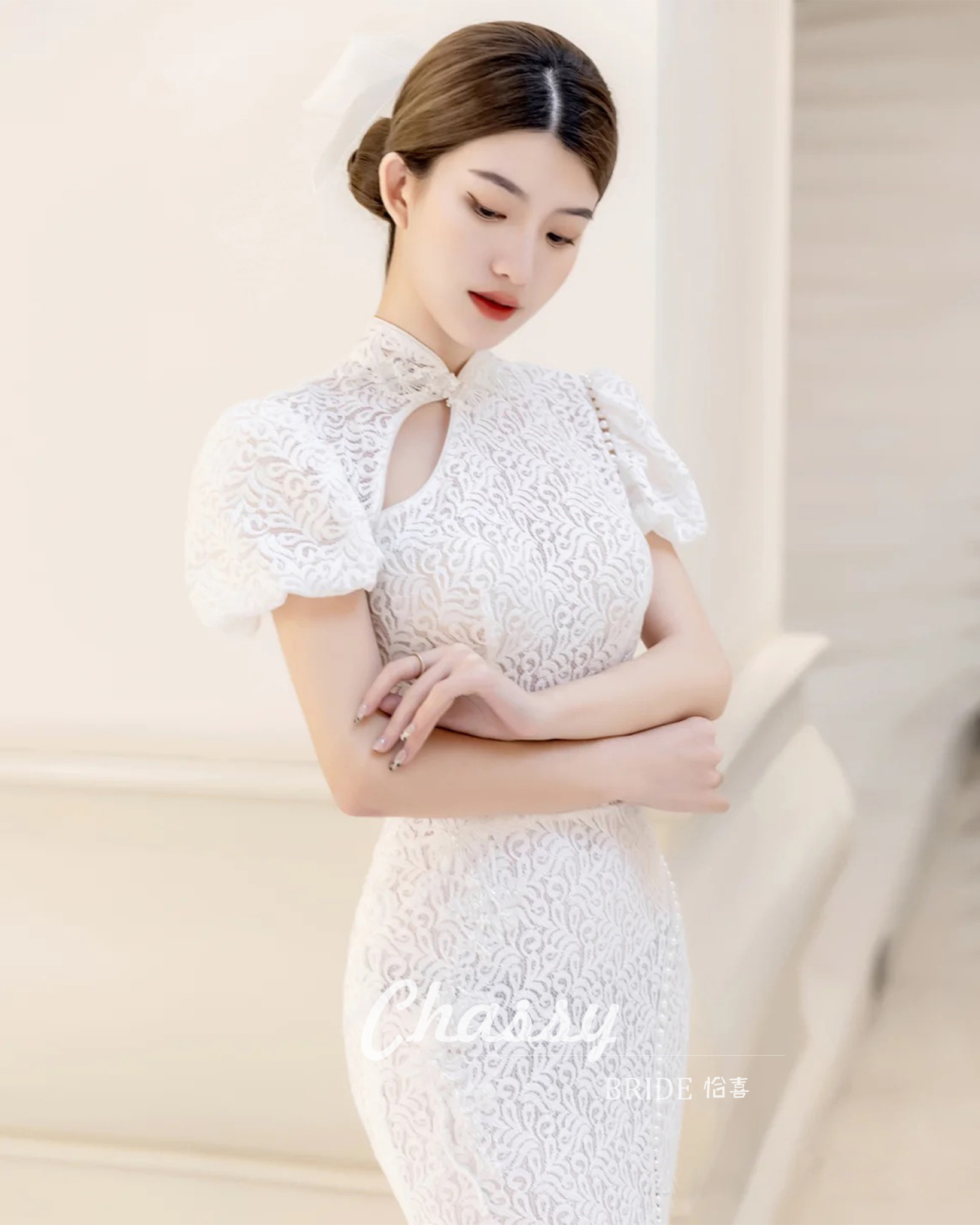 中式清丽雅韵泡泡袖旗袍改良款 