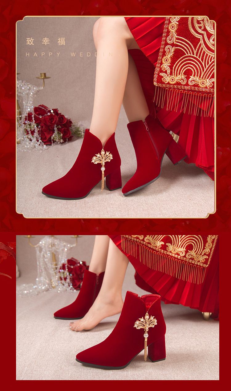 冬季加绒红色短靴婚鞋