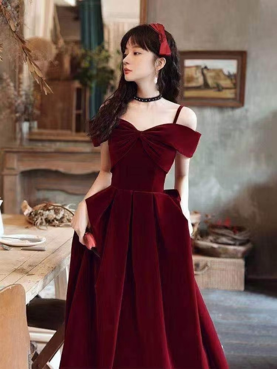 丝绒显白蝴蝶结酒红敬酒服礼服