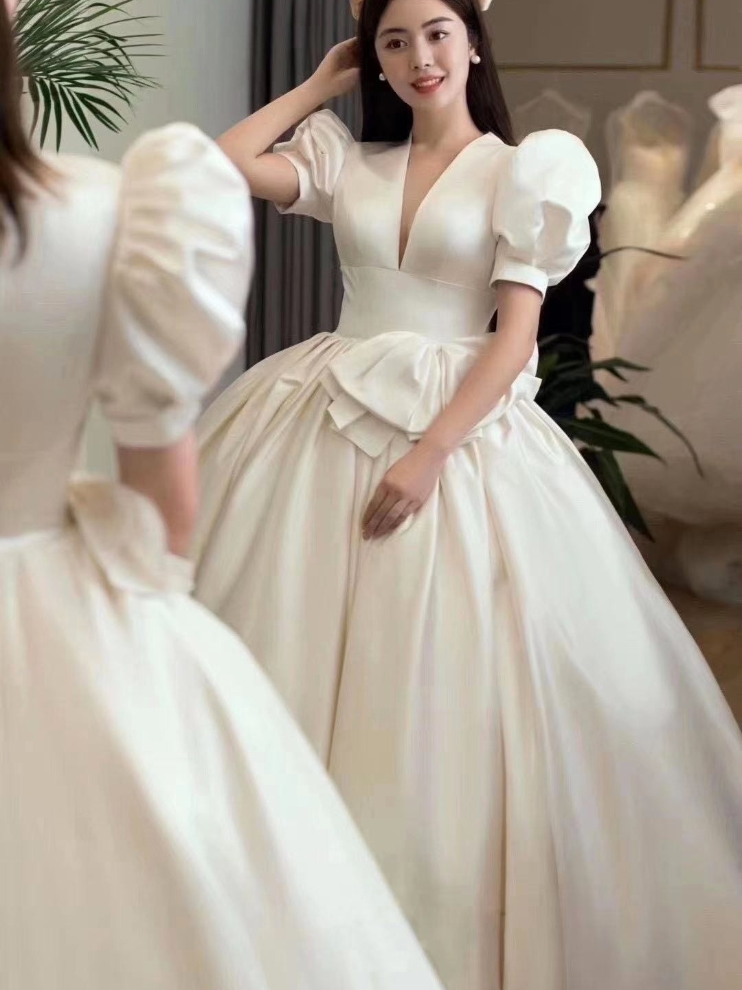 复古气质缎面简约大气拖尾主纱