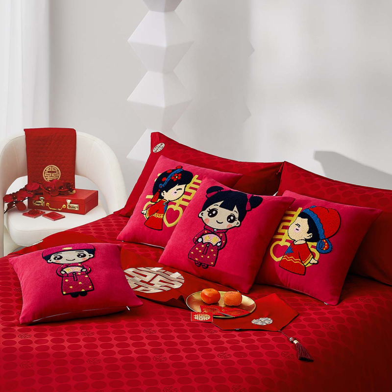 【水星家紡】婚品喜喜紅刺繡靠墊抱枕組合四款可選