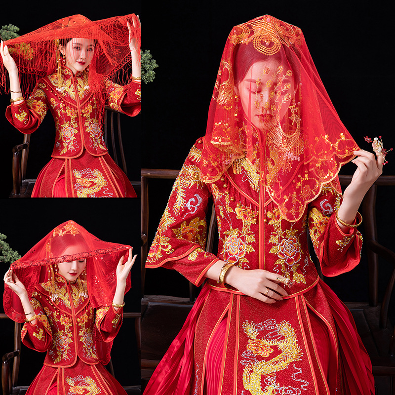 新娘红盖头秀禾新款中式蕾丝半透明红色网纱