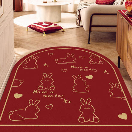 中式红色新年入户门地垫家用进门半圆吸水脚垫卡通兔子玄关防滑垫