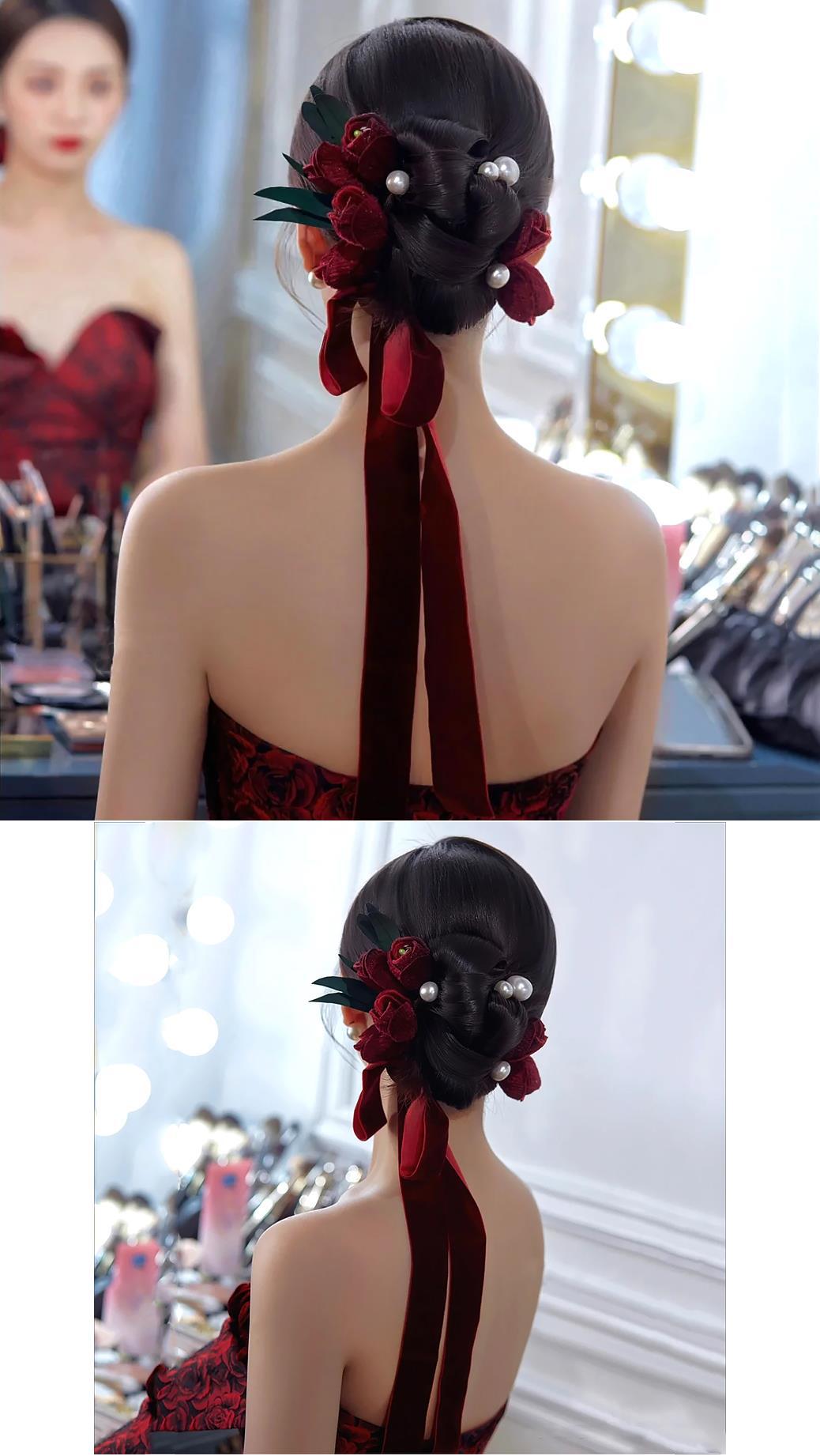 敬酒服头饰新娘森系仙酒红色郁金香花朵发簪绒布发带婚礼服配饰