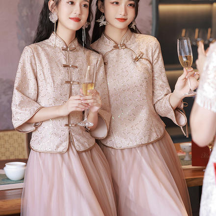 粉色伴娘服女2023新款冬季中式旗袍長袖國風姐妹團禮服裙高級小眾