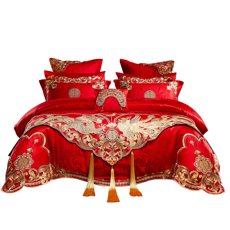 新中式婚房大紅色刺繡婚慶四件套喜結婚婚禮床旗床上用品十件套