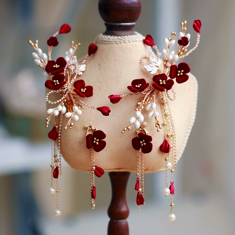 新娘敬酒服頭飾紅色對夾發飾簡單大氣結婚禮服新中式秀禾服配飾品
