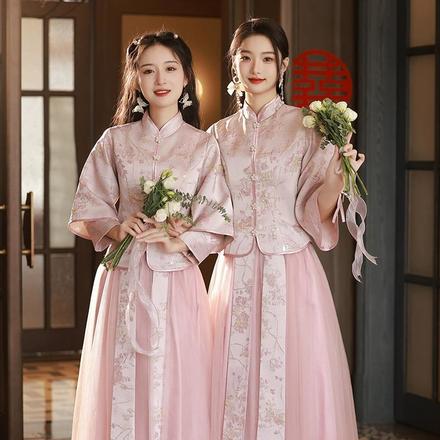 中式伴娘服女2023冬季姐妹裙礼服小个子感旗袍汉服伴娘团