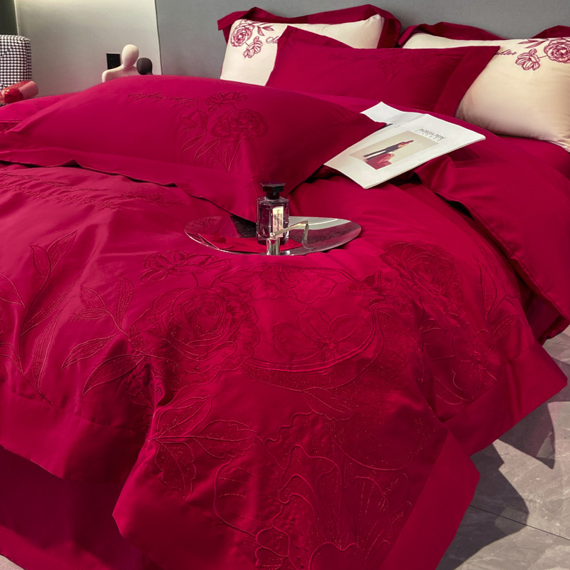 高端婚庆100支长绒棉四件套纯棉大红色被套全棉结婚新房床上用品4
