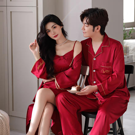 【4色可選】情侶大紅色長袖睡衣2023新款結婚男女本命年絲綢家居服