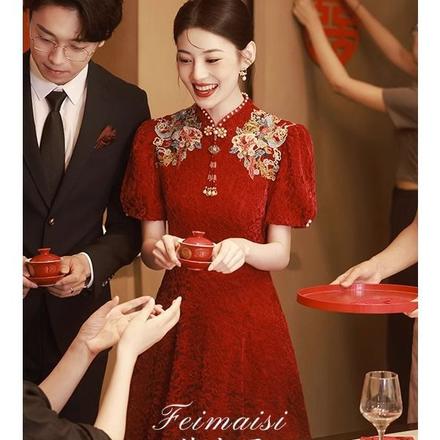 新中式旗袍敬酒服2023新款新娘高级感酒红色小个子刺绣订婚礼服裙