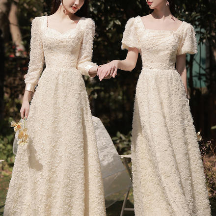 香檳色伴娘服冬季2023新款長袖婚禮姐妹團禮服裙女高級感小眾加厚
