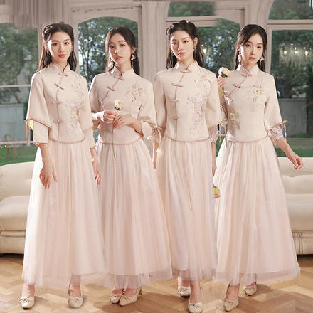 灰色中式伴娘服姐妹團閨蜜裝秋季新款裙中國風婚禮旗袍復古長袖女