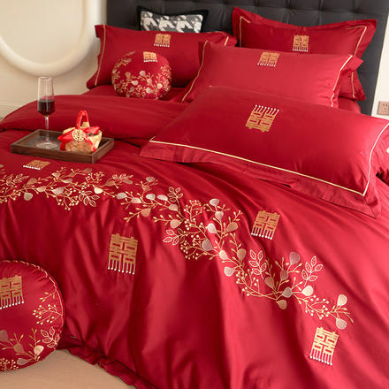 浪漫婚庆全棉床单四件套红色100支大红刺绣婚嫁被套床上用品陪嫁