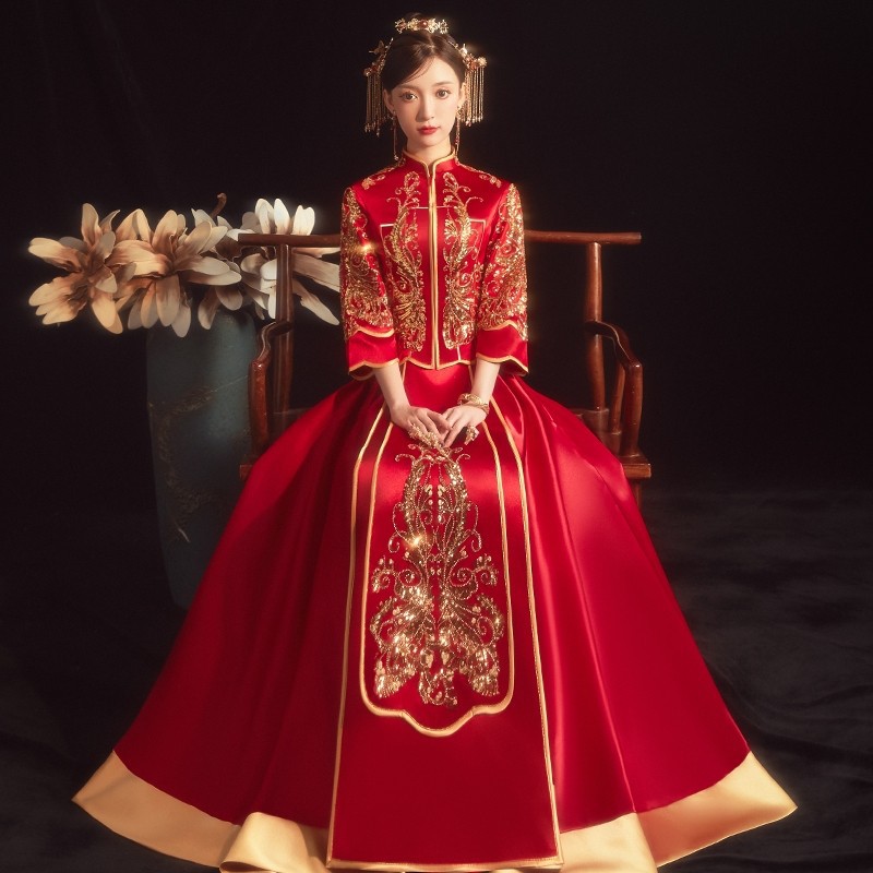 2023中国风小圆领红色中式旗袍结婚礼服中式秀禾服