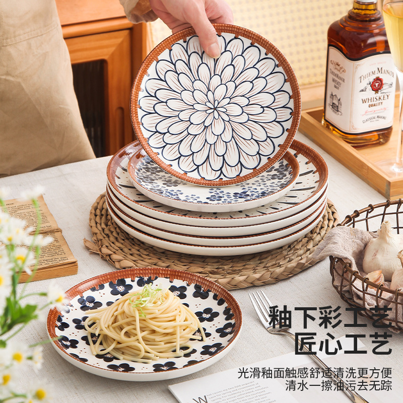 【包邮】日式复古藤编陶瓷牛排盘10寸烤盘沙拉盘子意面盘西餐盘