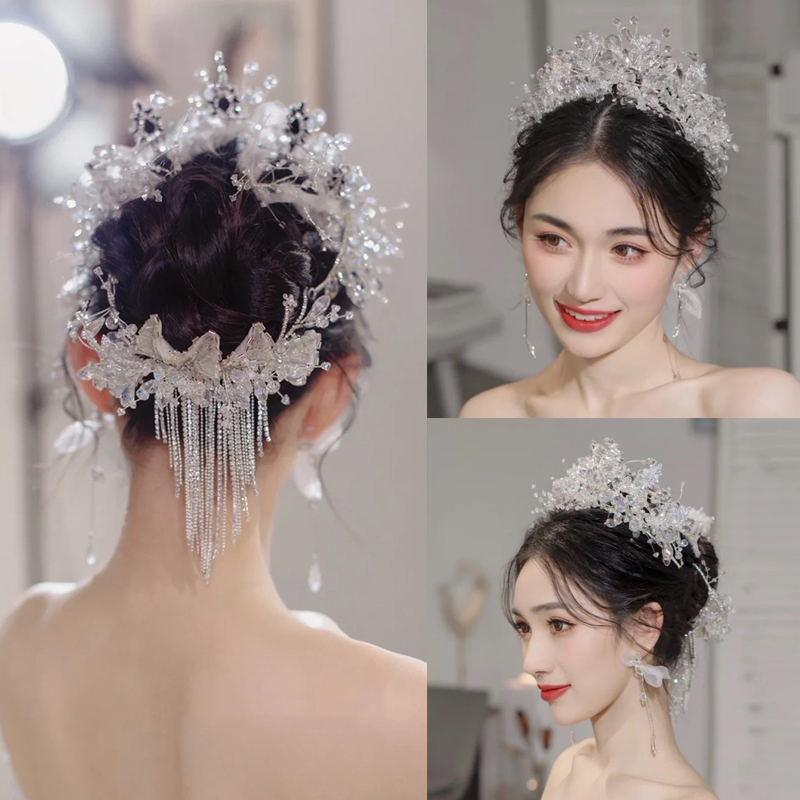 新娘结婚头饰套装亮晶晶发箍发饰后脑区盘发发夹重手工婚纱照造型