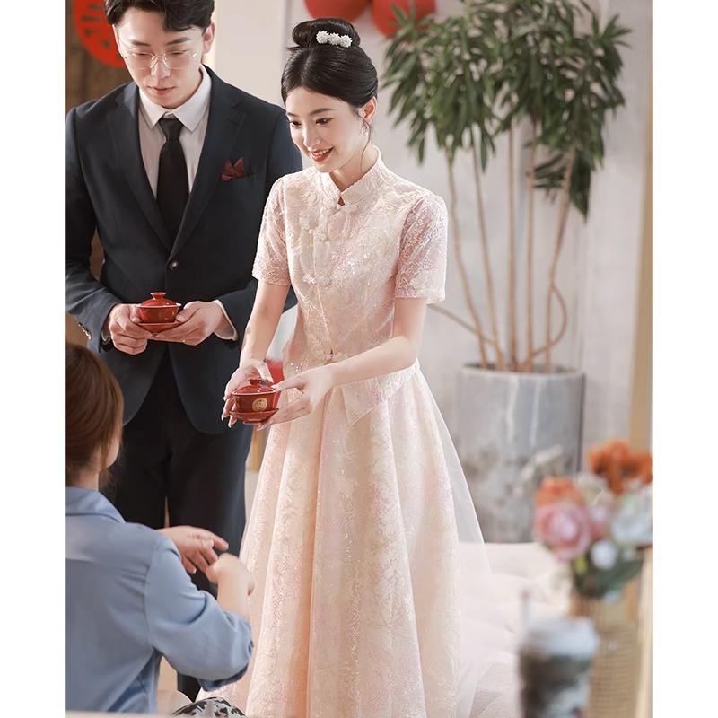 敬酒服新娘2023新款粉色結婚新中式旗袍訂婚禮服裙高級感秀禾服女