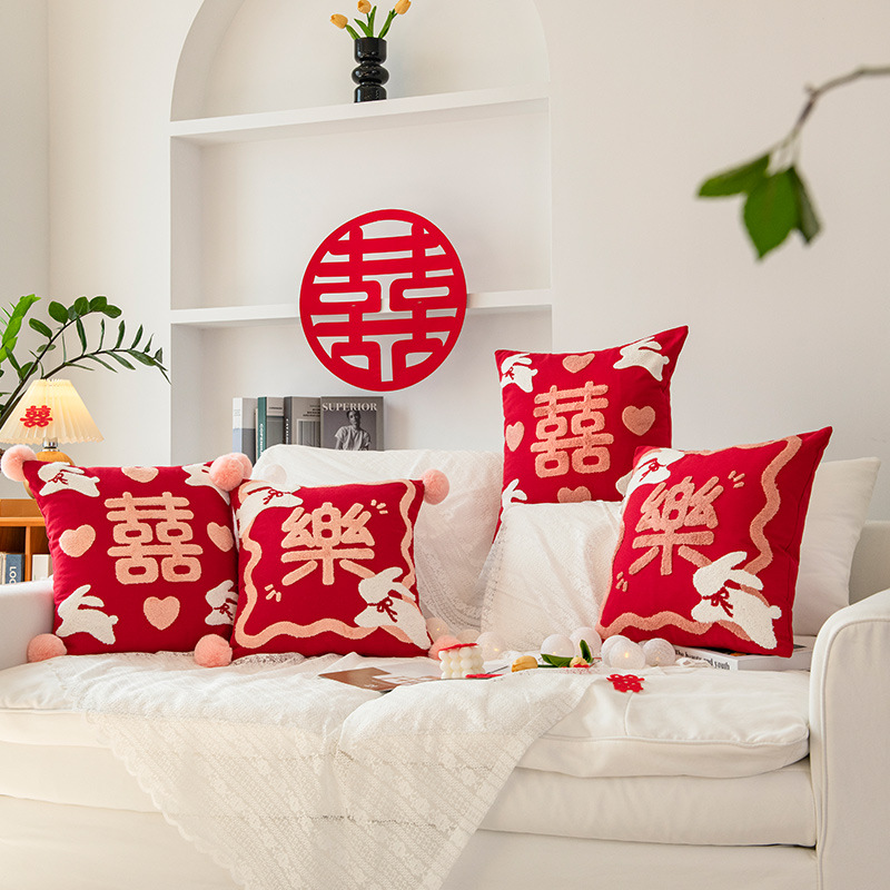新中式國風抱枕卡通玉兔喜樂節日沙發枕套新年元旦結婚紅色靠枕套
