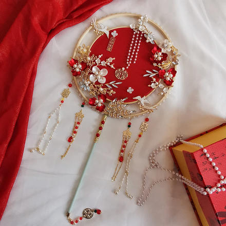 中式新娘双面团扇高档烫金面料DIY材料包
