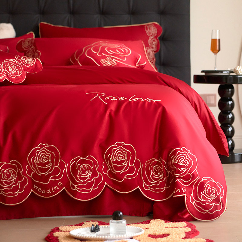 現代婚慶全棉床單結婚四件套100支結婚大紅刺繡被套玫瑰床上用品